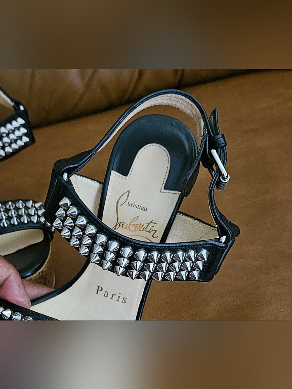 Christian Louboutin Black Leather Spikes-Studded Wedge Sandals Size 4.5 US - Picture 9 of 16